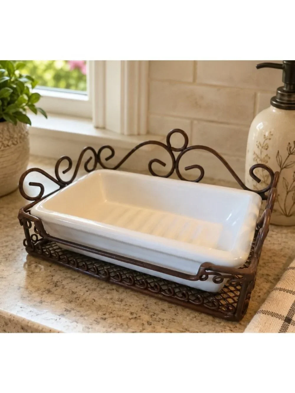 White Ceramic Soap Dish with Wrought Iron Holder Scrolled Brown Metal EUC